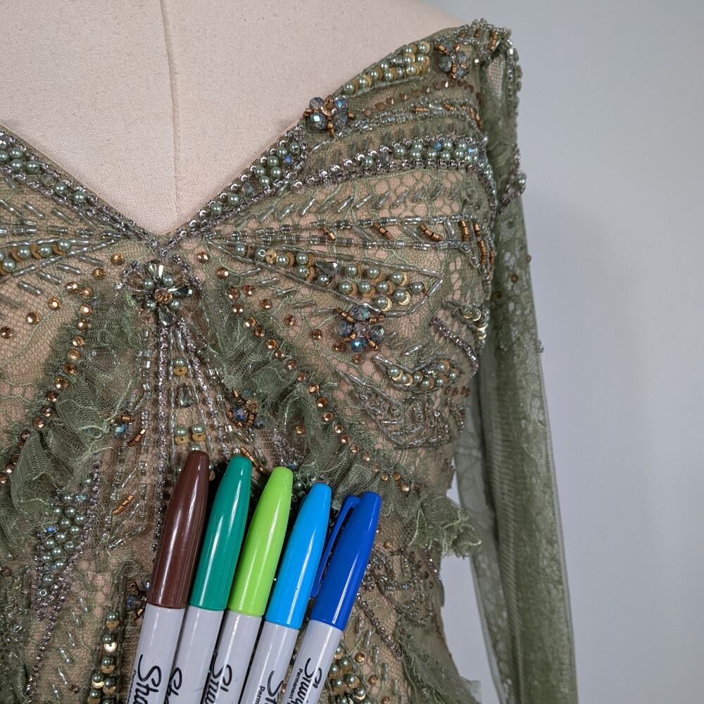 Vintage Terani Prom Dress Maxi Gown 4 Green Ruffle Fairy Princess Sleeve Evening - Picture 12 of 16